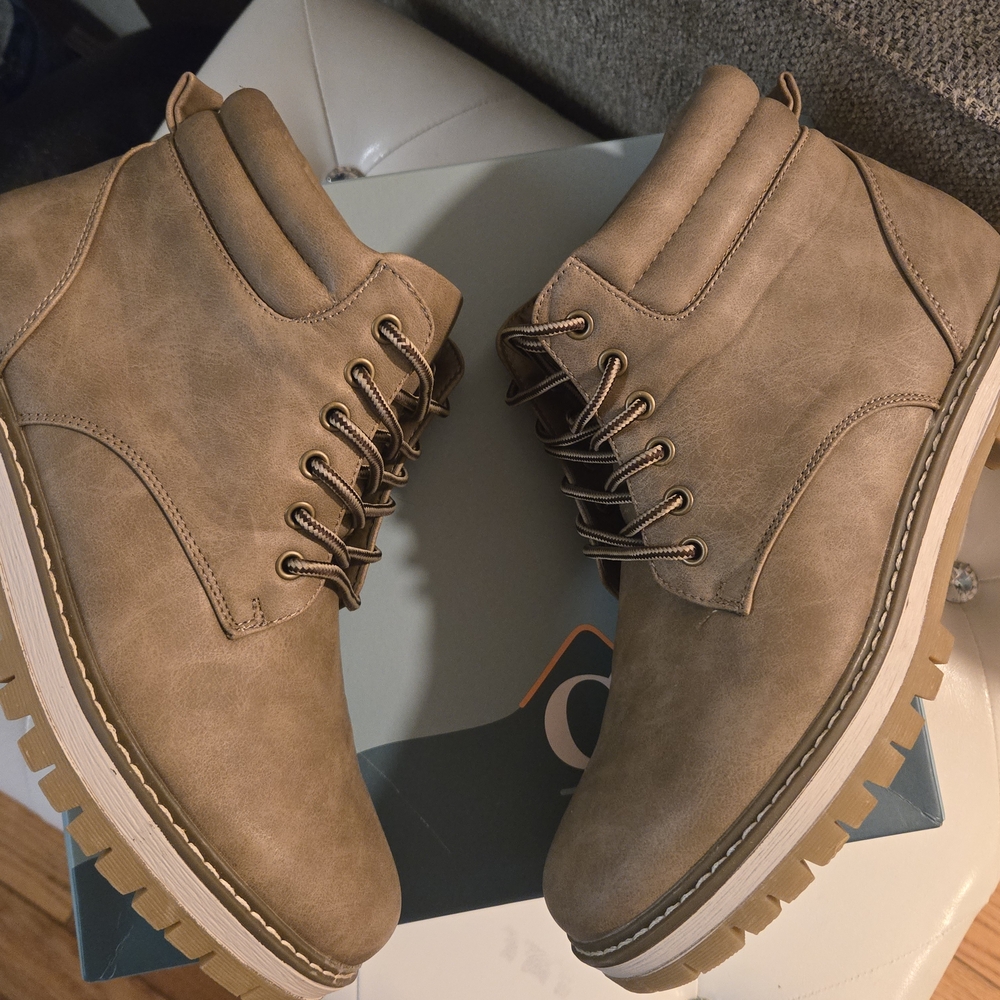 Jessica Cline Tan Suede Ankle Boots with Rugged Design, Womens Size 10